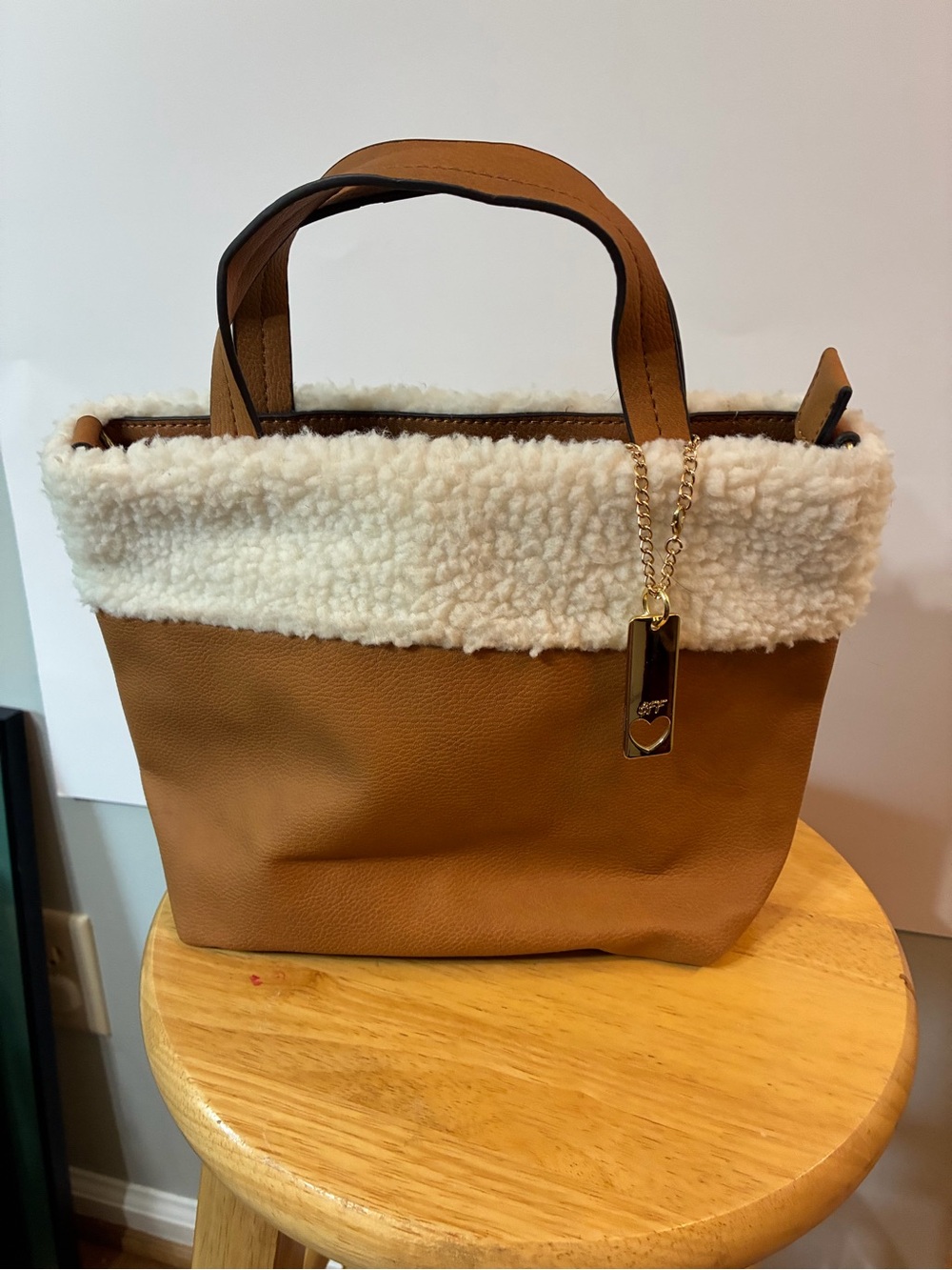 Nanette Lepore Tan Tote with Cream Sherpa Trim and Gold Tag